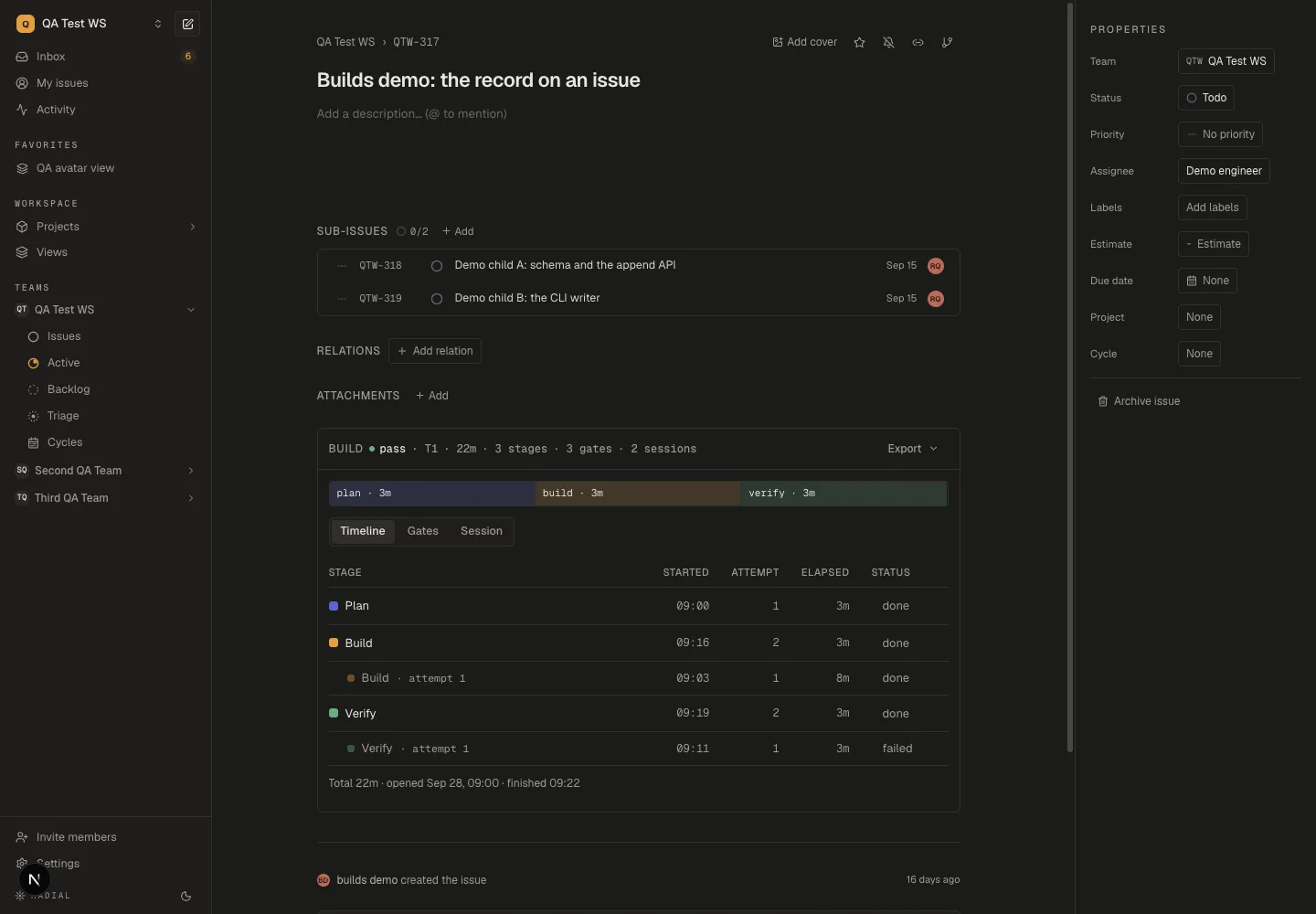 Radial app showing a demo issue and its Build Timeline alongside the workspace navigation.